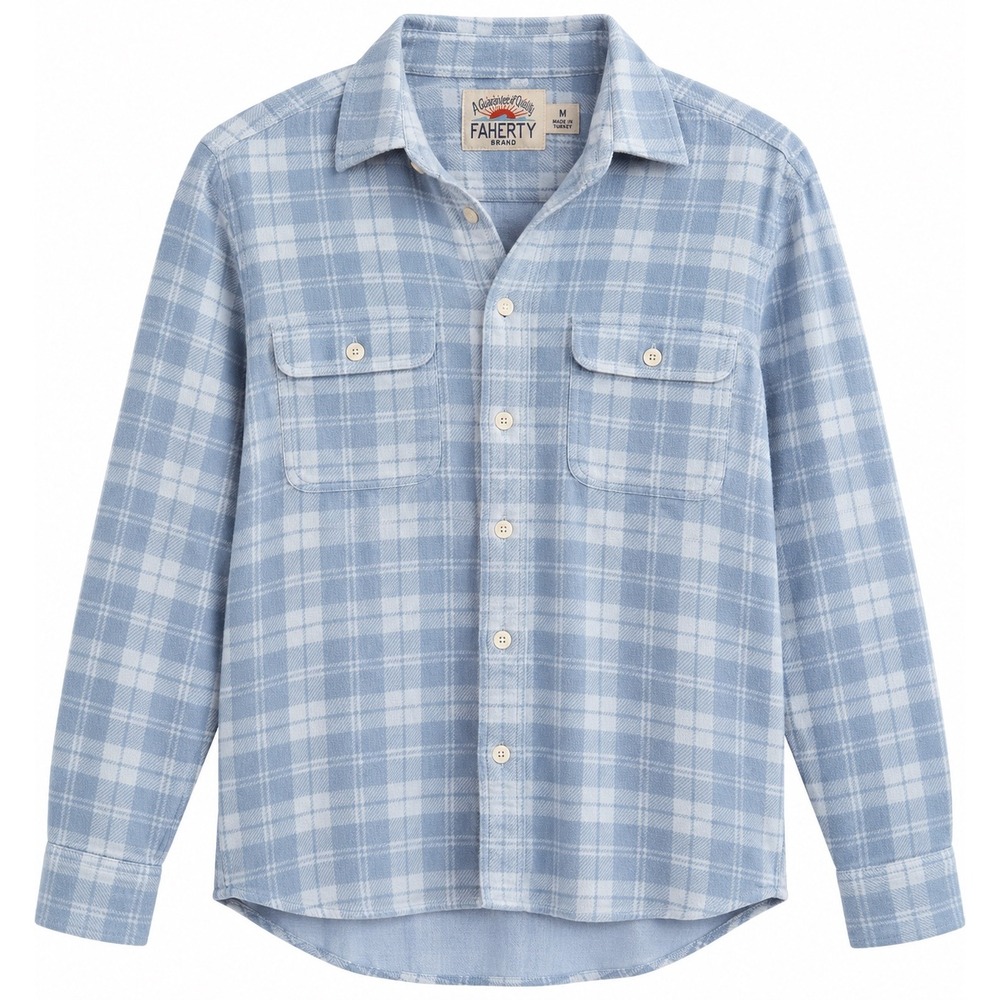 Faherty Brand Legend Sweater Shirt Mens Medium Light Blue Plaid Flannel Knit Top